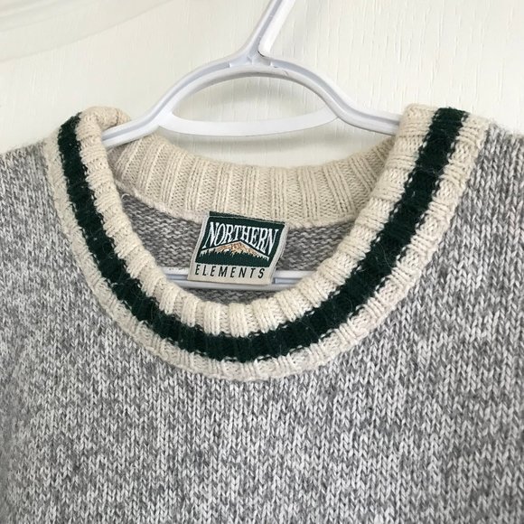 Northern Elements Grey Heather & Green Wool Blend Pullover Sweater XXL Vtg Cabin - Picture 6 of 7
